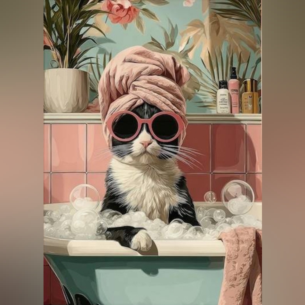 Bathtub Cat DIY 5D Full Round Drill Diamond Painting